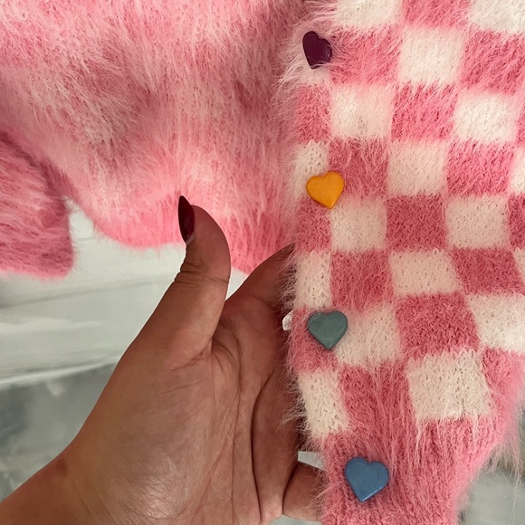 Fuzzy Pink and White Checkered Cropped Cardigan - Picture 5 of 5